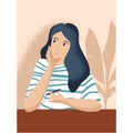 Pensive woman with pan sitting at desk vector