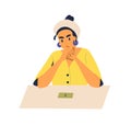 Pensive woman sitting with last cash on table vector flat illustration. Female looking on banknote feeling poorness and