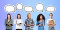 Pensive women students with teacher portraits, mock up speech bubbles Royalty Free Stock Photo