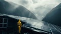 Pensive worker in yellow protective suit, standing near solar panels installation, looking into the distance. Generative AI