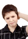 Pensive young boy isolated on white background Royalty Free Stock Photo