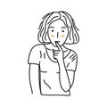 Pensive young girl holds finger near her lips. Vector