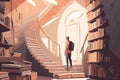 Pensive young man stands near a staircase made of books, contemplating education and deep in thought. The stairs lead to open Royalty Free Stock Photo