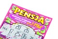 PENSJA polish Lotto lottery scratch card, scratch-off, scratched lottery ticket object macro, extreme closeup, detail