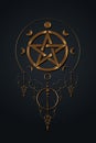 Pentacle circle symbol and Phases of the moon. Boho style Wiccan symbol, full moon, waning, waxing, first quarter, gibbous,