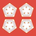 Pentagon patchwork pattern with four pentagons. Decorative poligons on a coral background