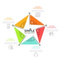 Pentagonal diagram divided into 5 bright colored lettered parts, thin line symbols and text boxes. Concept of business