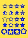 Pentagonal five point blue star collection on yellow background emblem icon design elements, illustration
