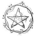 Pentagonal star graphic pentagram in a circle with branches and leaves Line drawing icon logo vector