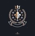 Pentagonal Stars emblem, union theme symbol created with royal crown and laurel wreath. Heraldic Coat of Arms. Royalty Free Stock Photo