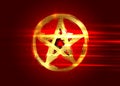 Pentagram occult symbol. Golden wiccan sigil pentacle esoteric brush grunge style. Vector illustration on blood red background