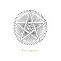 Pentagram with Sun and Crescent, vector illustration in engraving style. Vintage pastiche of esoteric and occult sign.