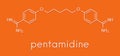 Pentamidine antimicrobial drug molecule. Used in treatment of pneumocystis pneumonia and trypanosomiasis. Skeletal formula.