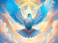 Pentecost background with flying dove blue clouds. ai generative