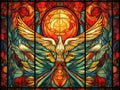 Pentecost Illustration with Flames Descending on Apostles and Dove Symbolizing the Holy Spirit, Vibrant Stained Glass Style Royalty Free Stock Photo