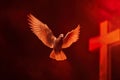 Pentecost Sunday. Flying white dove in fire background. Symbol of the Holy Spirit. Royalty Free Stock Photo