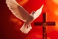 Pentecost Sunday. Flying white dove in fire background. Symbol of the Holy Spirit. Royalty Free Stock Photo