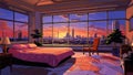 Penthouse bedroom interior with panoramic view on skyline and city. Sunset in town and skyscrapers silhouettes. Room Royalty Free Stock Photo