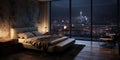 Penthouse Bedroom At Night, City View From The Bed, Creating A Gloomy Atmosphere