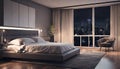 penthouse bedroom at night, dark gloomy, A room with a view of the city from the