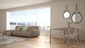 Penthouse minimalist kitchen interior design, lounge with sofa and carpet, dining table, island with stools, parquet. Modern