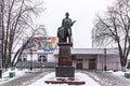 A snow-covered monument to the Russian historian V. Klyuchevsky