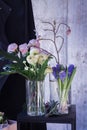 Peonies. Bouquet of peonies in a glass vase. Hyacinth Royalty Free Stock Photo