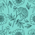 Peonies. Floral decorative pattern. Seamless pattern of dark contours on a light green background