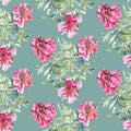 Peonies on green background, seamless pattern