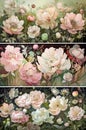 Peonies horizontal banner, set of three floral backgrounds. Generative AI