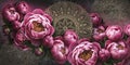 Peonies painted on a dark wall with patterns. Royalty Free Stock Photo