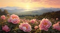 Pink Peonies And Mountains: A Mesmerizing Sunset Painting
