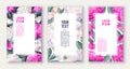 Set of floral posters with pink and white peonies flowers and leaves.