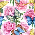 Peonies, roses and butterflies, summer flowers, watercolor illustration, Floral Seamless pattern