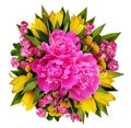 Peonies, tulips and hawtorn flowers bouquet