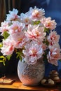 Peonies in a vase on a table, vertical frame, idea for floral banner or background, generated by AI