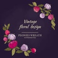 Peonies vector round frame. Pink, burgundy red and violet flowers wreath. Royalty Free Stock Photo