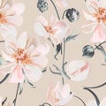 Peony beige watercolor bloom garden floral design, rose flower nature design, macro seamless pattern