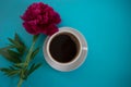 Peony on a blue background cup of coffee