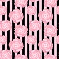 Peony cute vector flat seamless pattern on stripped background isolated