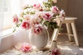 Peony elegance bouquets grace white podiums, chic interior flower decor