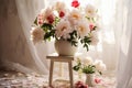 Peony elegance bouquets grace white podiums, chic interior flower decor