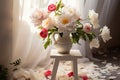 Peony elegance bouquets grace white podiums, chic interior flower decor