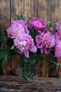 Peony and flower buds in a glass vase. A wooden wall in the background. Flowers on a wooden background Royalty Free Stock Photo