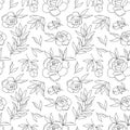 peony flower and leaves, vector silhouette seamless pattern, contour drawing Royalty Free Stock Photo