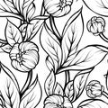 Peony flower seamless pattern line drawing. Vector hand drawn engraved floral background Black ink sketch. Great for invitation