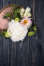 peony flowers arrangement on old wooden board background. Festiv Royalty Free Stock Photo