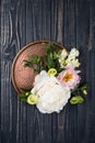 peony flowers arrangement on old wooden board background. Festiv Royalty Free Stock Photo