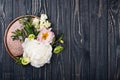 peony flowers arrangement on old wooden board background. Festiv Royalty Free Stock Photo