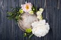 peony flowers arrangement on old wooden board background. Festiv Royalty Free Stock Photo